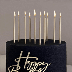 6 Pcs Long Thin Metallic Candles with Happy Birthday Tag on Cake