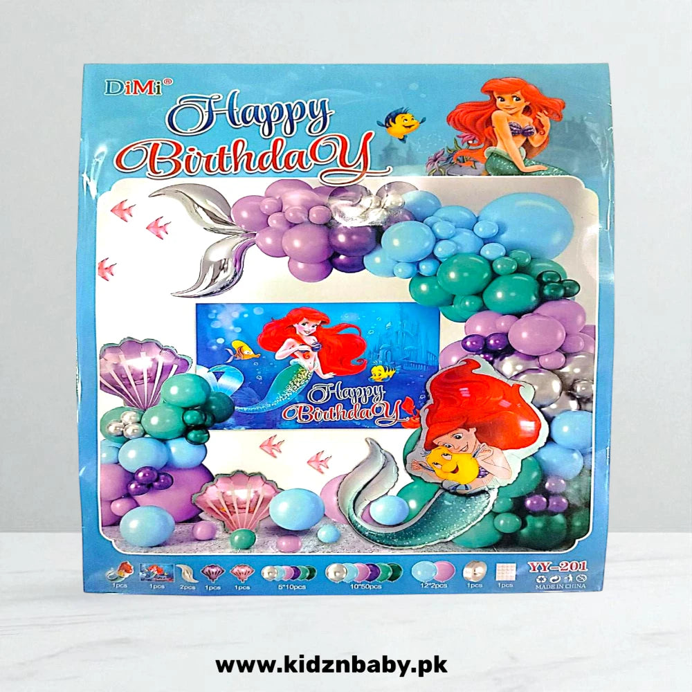 Mermaid theme combo decoration set with purple, teal, and pink balloons, banner, and swirls