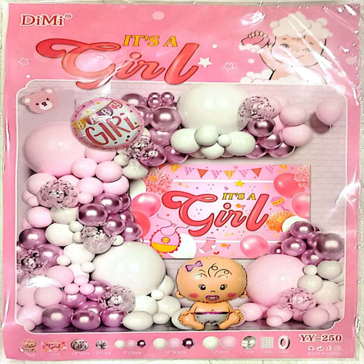 Pink and White Baby Girl Balloon Arch with Backdrop