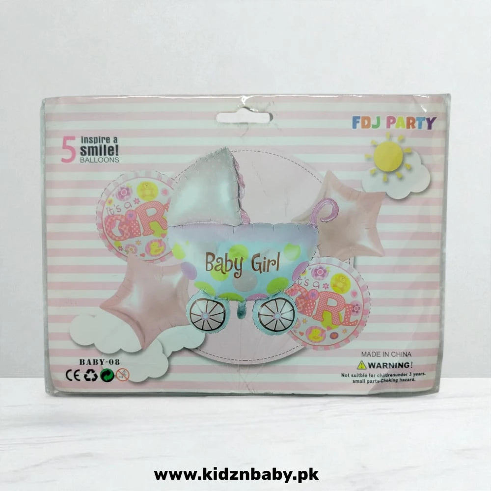 Baby Girl stroller theme foil balloons set of 5 for baby shower and welcome celebrations in Pakistan
