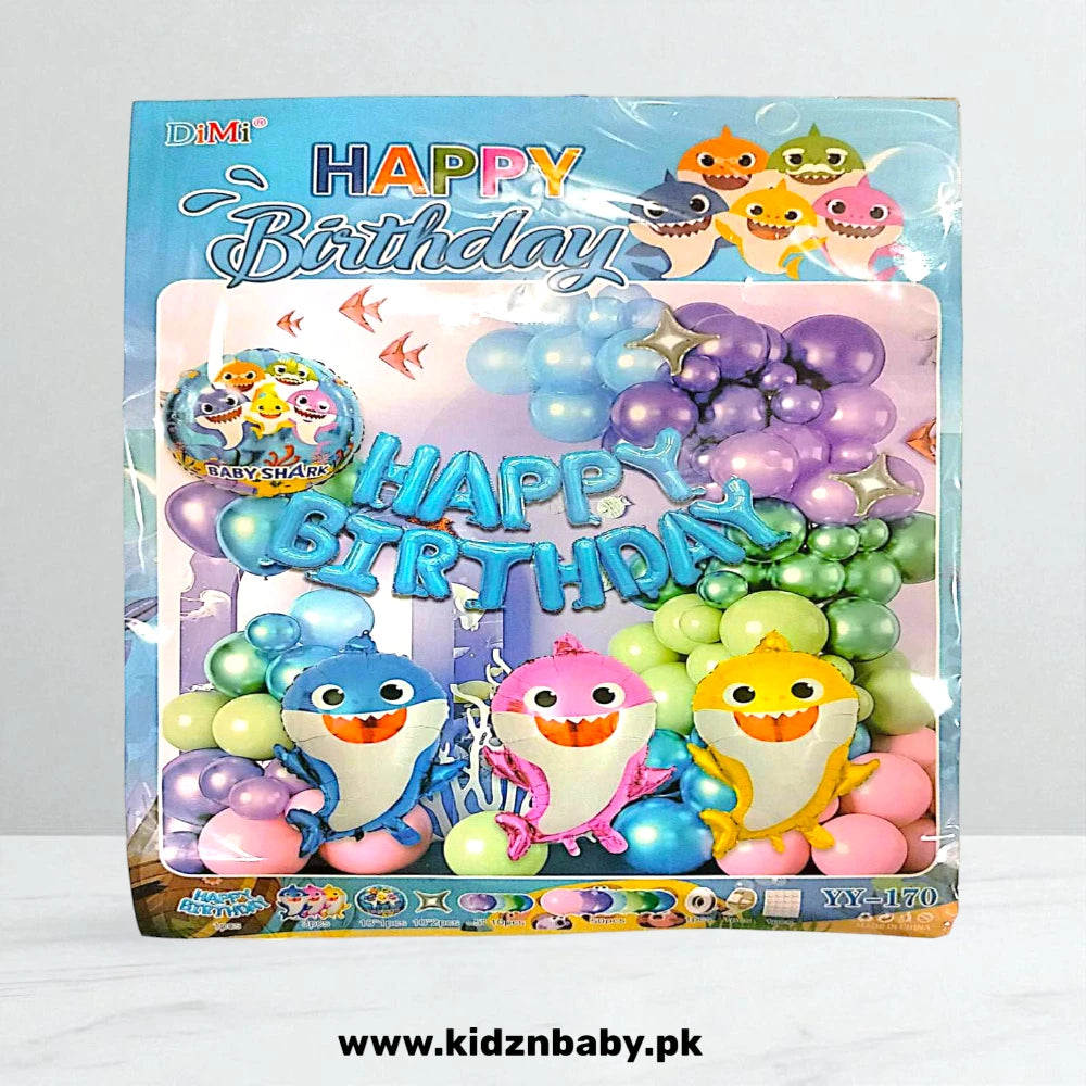 Baby Shark theme birthday party decoration set including banner, foil, and latex balloons