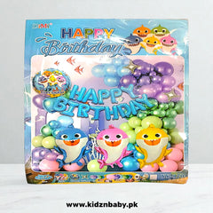Baby Shark theme birthday party decoration set including banner, foil, and latex balloons