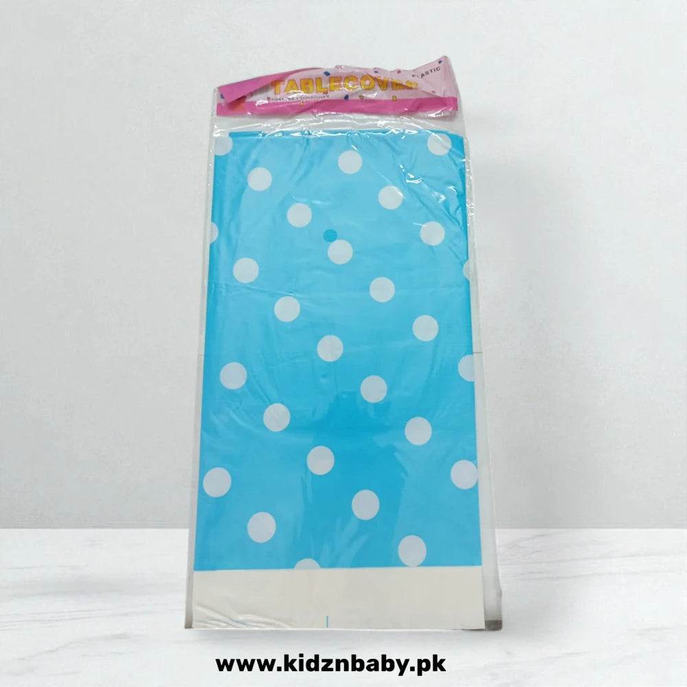 Blue and white polka dot party table cover