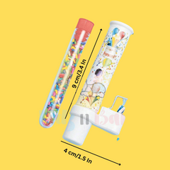 Catapult-style cake candle launching colorful candy confetti during birthday celebration