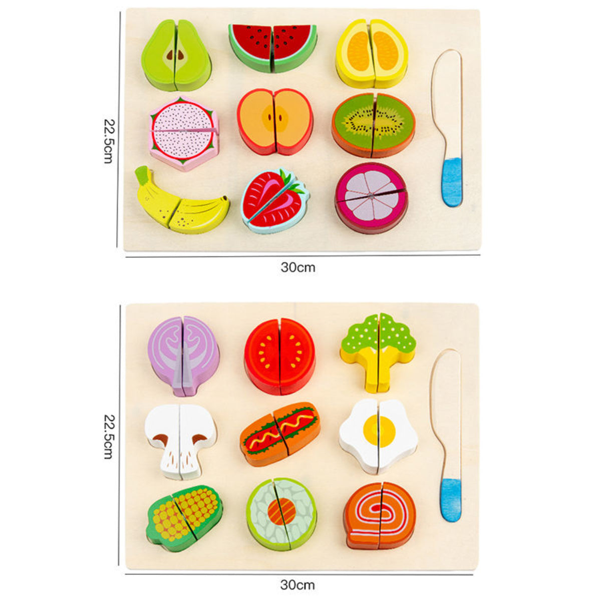 Wooden puzzle with sliced fruit and vegetable pieces on a beige background