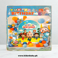 Cocomelon theme birthday party decoration set including JJ, balloons, banner, and backdrop