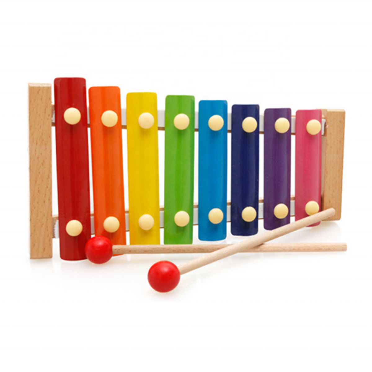 Colorful wooden xylophone with two mallets on a white background