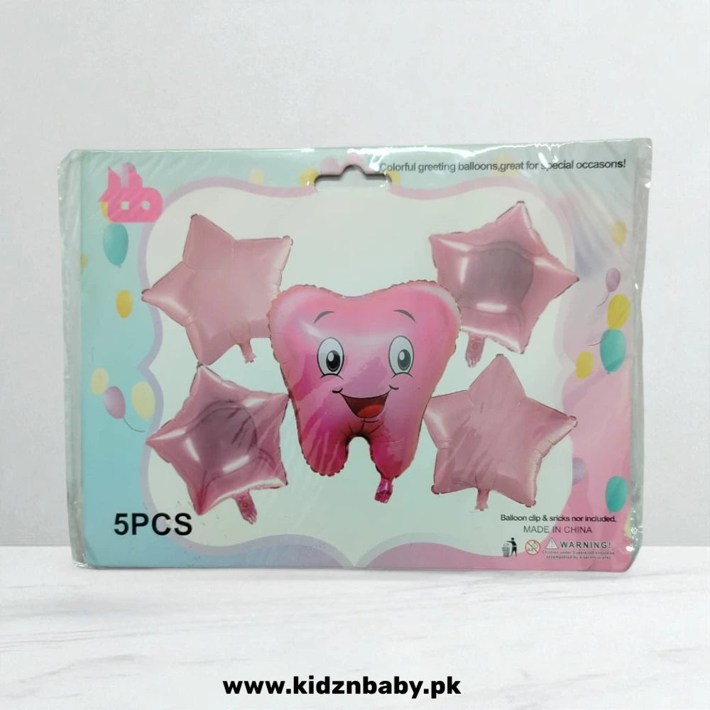 First Tooth pink combo foil balloons set of 5 for baby milestone party decoration in Pakistan