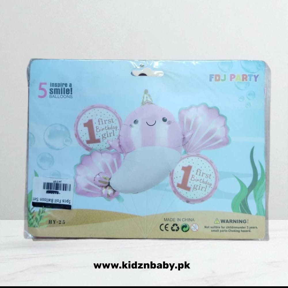 1st Birthday Girl Baby Shark Foil Balloons Set – 5 Pcs