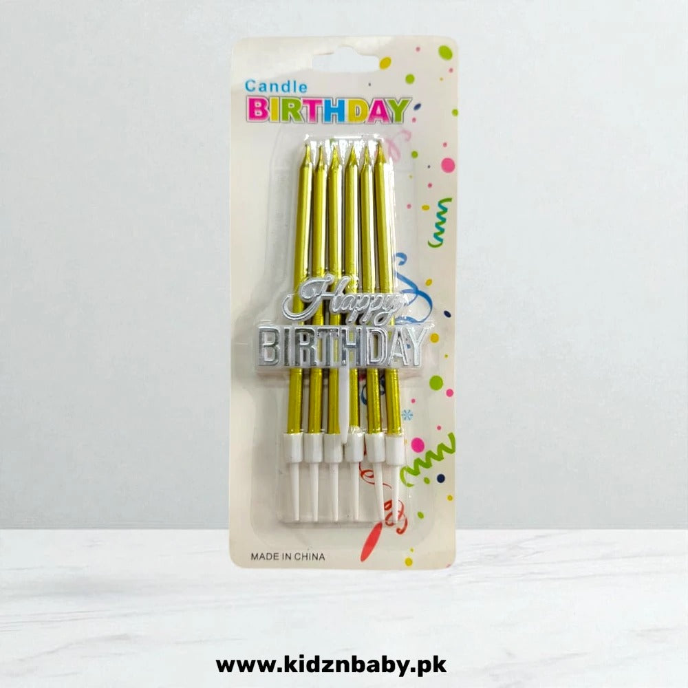 6 pcs long thin metallic candles with Happy Birthday tag for cake decoration in Pakistan