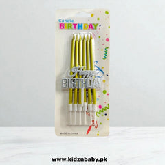 6 pcs long thin metallic candles with Happy Birthday tag for cake decoration in Pakistan