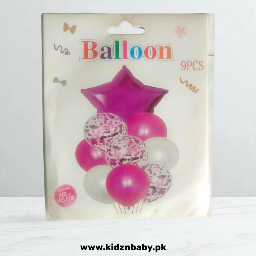 Mix of purple ink and purple confetti, heart, and star balloons for Valentine's Day or wedding decor