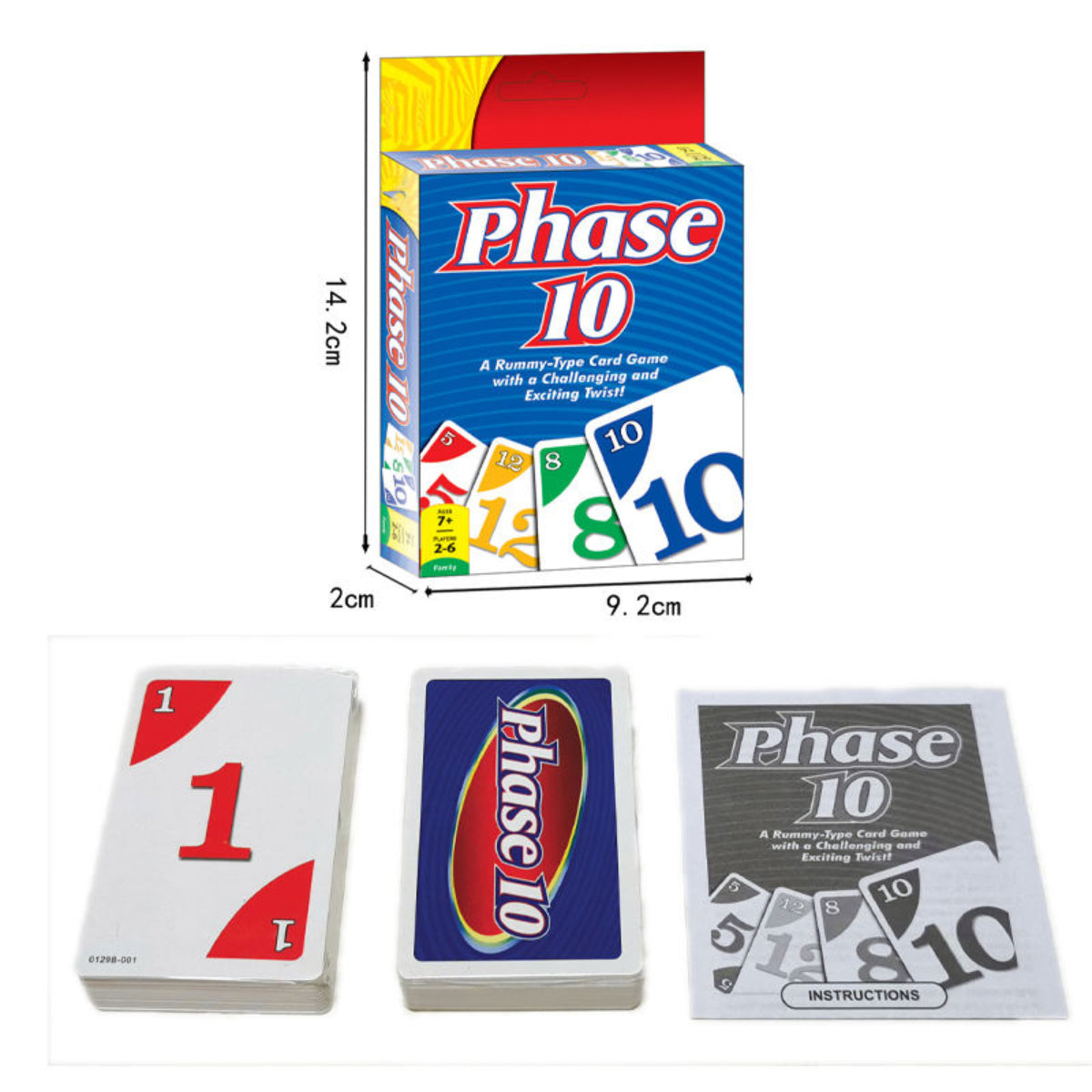 Phase 10 card game packaging, cards, and instructions on a white backgroundc
