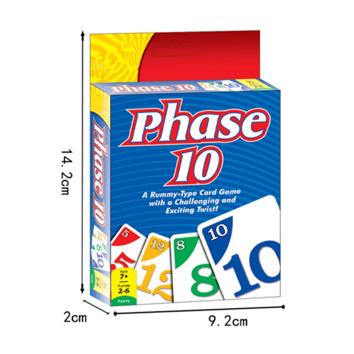 Phase 10 card game box with dimensions on a white background