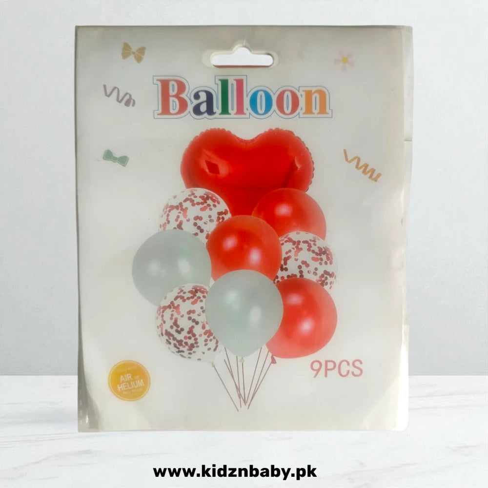 9-piece set of red, gold, and white confetti latex balloons with foil star shapes