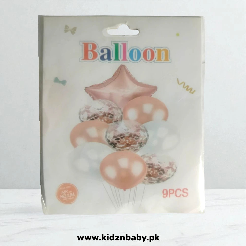 Trendy rose gold and white confetti balloons with metallic foil star accents