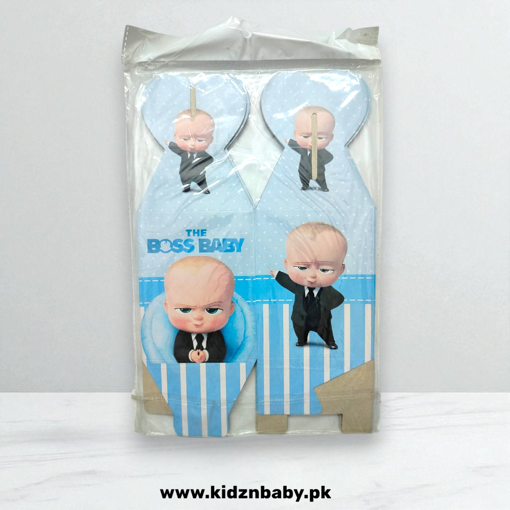 Close-up of Boss Baby character favor boxes in suit and tie design for small gifts