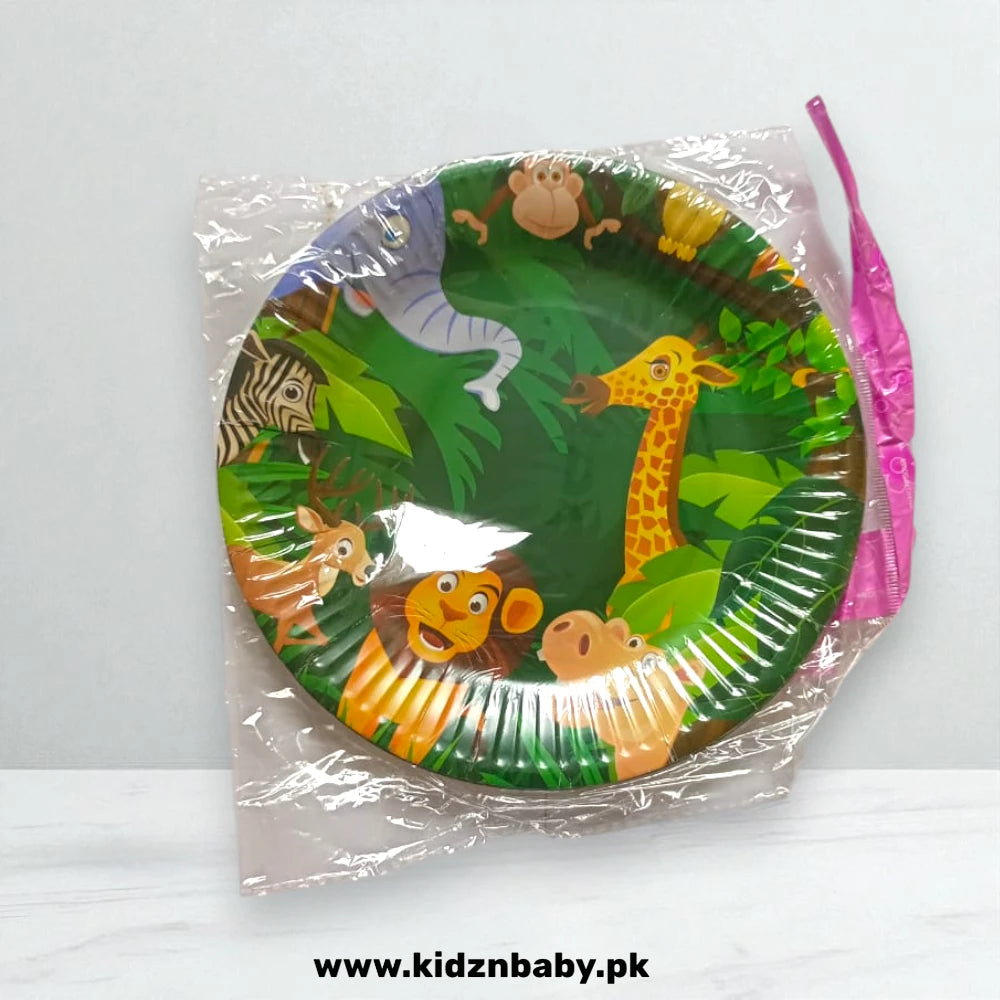 Jungle safari theme disposable paper plates featuring lions, monkeys, and giraffes (Pack of 10)