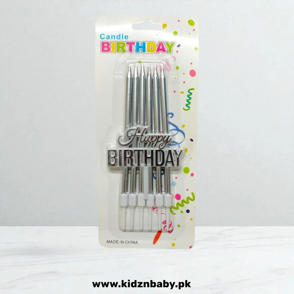 6 pcs Silver long thin metallic candles with Happy Birthday tag for cake decoration in Pakistan