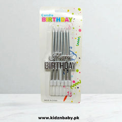 6 pcs Silver long thin metallic candles with Happy Birthday tag for cake decoration in Pakistan