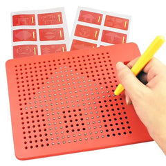 Red perforated mat with a yellow tool and red stickers on a white background