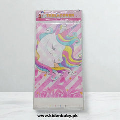 Unicorn theme plastic table cover in pink for a girl's birthday party decor