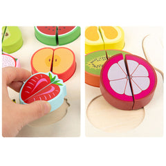 Wooden fruit puzzle with colorful slices on a white background