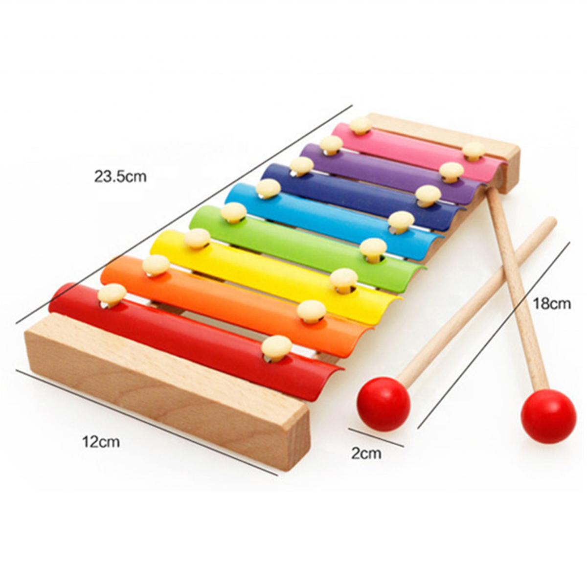 Colorful wooden xylophone with measurement details on a white background