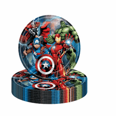 Avengers Disposable Plates featuring Hulk, Iron Man, Captain America, and Thor, perfect for superhero-themed birthday parties.