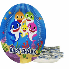 Baby Shark Blue Disposable Plates featuring Baby Shark family, perfect for kids' birthday parties and celebrations.