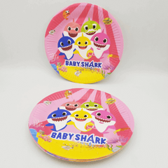 Baby Shark Disposable Plates featuring Baby Shark and family, perfect for kids’ birthday parties.