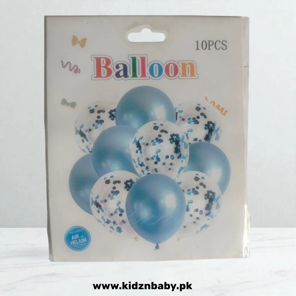 Packaging of blue balloons with confetti on a white background