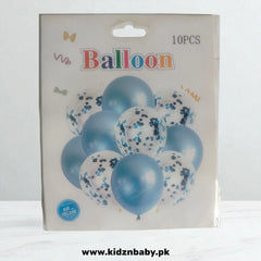 Packaging of blue balloons with confetti on a white background