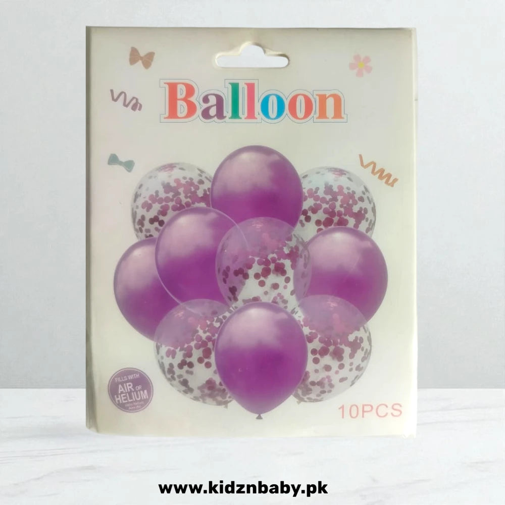 Packaging of purple balloons with confetti on a white background