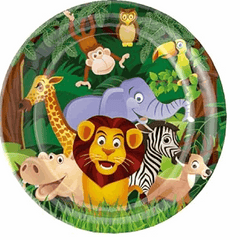 Jungle Safari Disposable Plates featuring colorful animal prints, perfect for kids' birthday parties and events.
