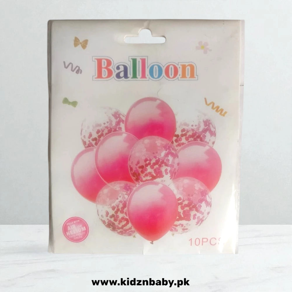 Packaging of pink balloons with confetti on a white background
