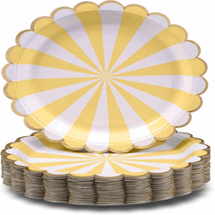 Yellow Sunburst Disposable Plates with a gold rim, ideal for birthdays, weddings, and festive celebrations.