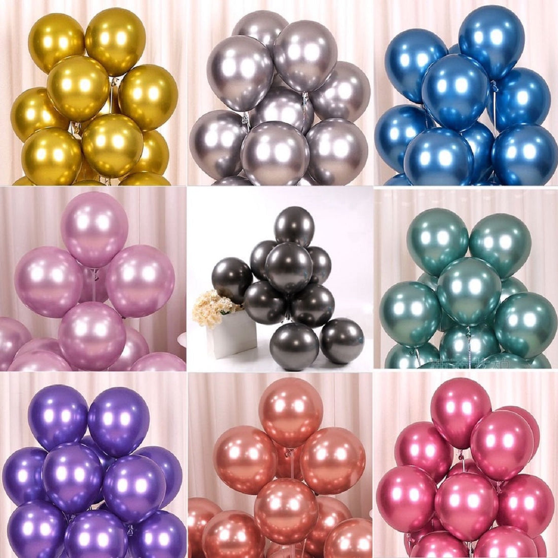 A stunning arrangement of metallic balloons in gold, silver, and rose gold, adding elegance and festive charm to a party decor setup.
