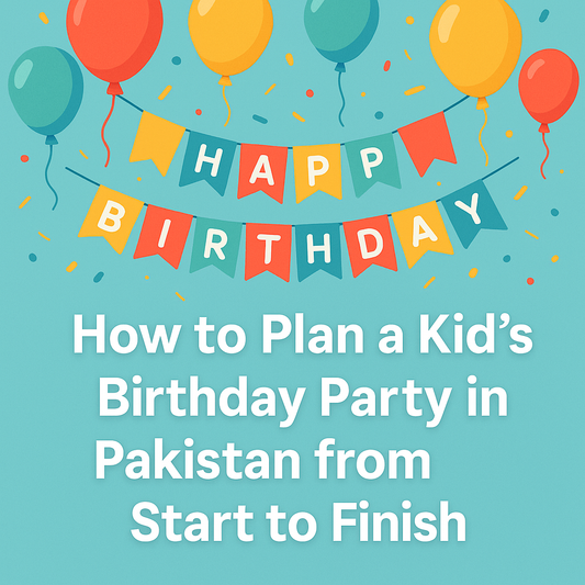 Colorful birthday party setup with balloons, banners, confetti, and "Happy Birthday" sign – perfect for planning a kid's birthday party in Pakistan.