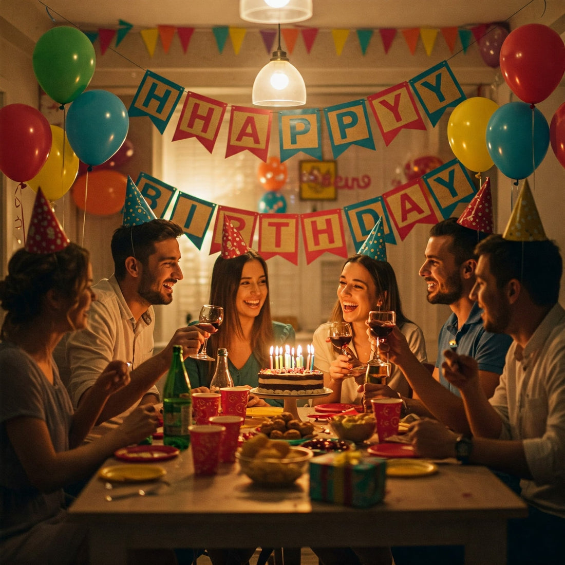 A cheerful group of friends and family gather around a festively decorated table laden with birthday cake, gifts, and snacks. 