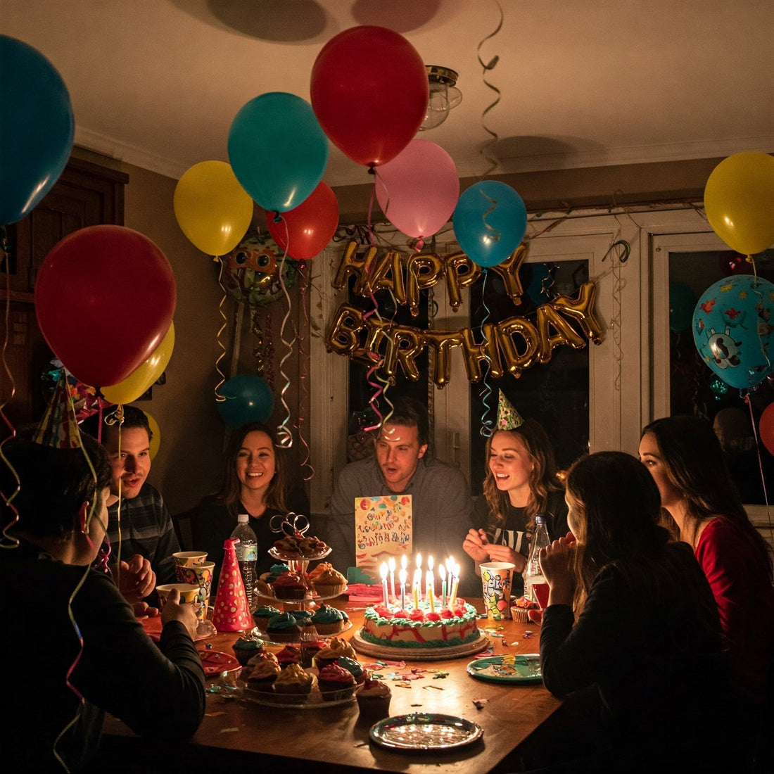 A festive birthday party scene with people gathered around a table, celebrating with balloons, streamers, and a birthday cake.