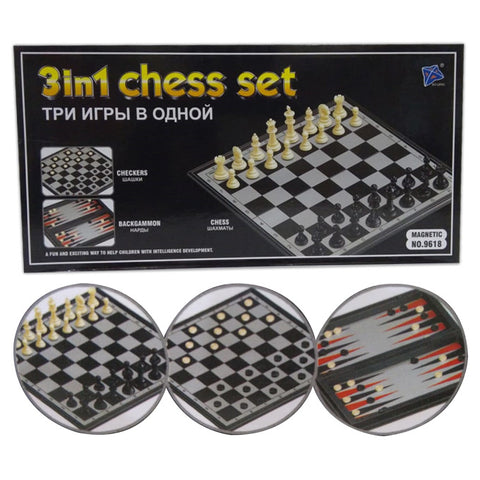 3 in 1 Magnetic Board Game in Black - Includes Chess, Checkers, and Backgammon