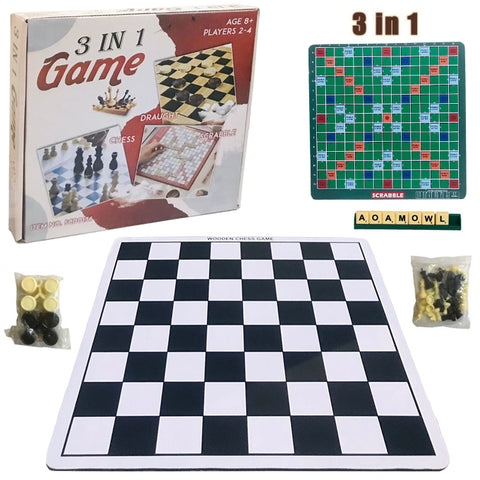 3 in 1 wooden Scrabble, chess, and checker board game for kids - 18 inches