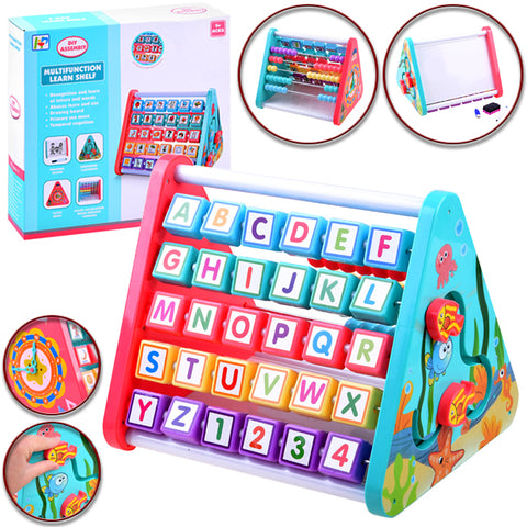 5 in 1 Educational Activity Triangle Cube with Alphabet Blocks, Abacus, Clock, Writing Board, Counting Beads for Kids