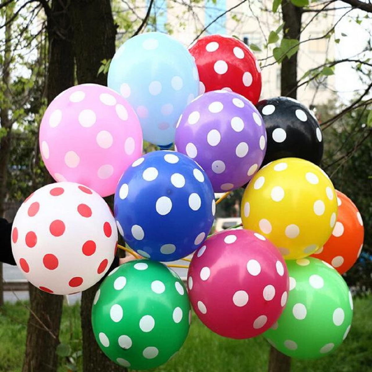 12-inch polka dot latex round balloons in vibrant colors, ideal for birthday celebrations.