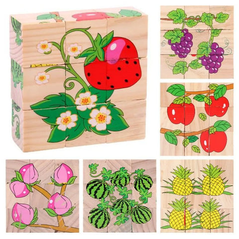 6-in-1 Wooden Block Puzzle for Kids - Educational Fruits Cubes