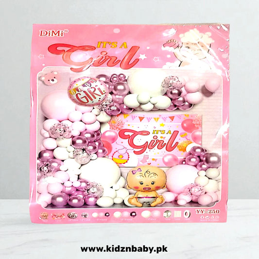 Baby Girl theme combo decoration set with pink balloons, banner, and swirls for baby shower