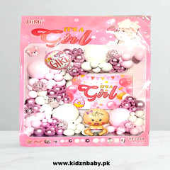 Baby Girl theme combo decoration set with pink balloons, banner, and swirls for baby shower
