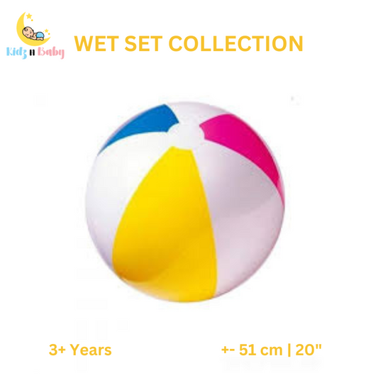 A colorful beach ball with blue, pink, yellow, and white panels, marked as 20 inches (51 cm) in diameter, intended for the 'WET SET COLLECTION' and suitable for ages 3+.