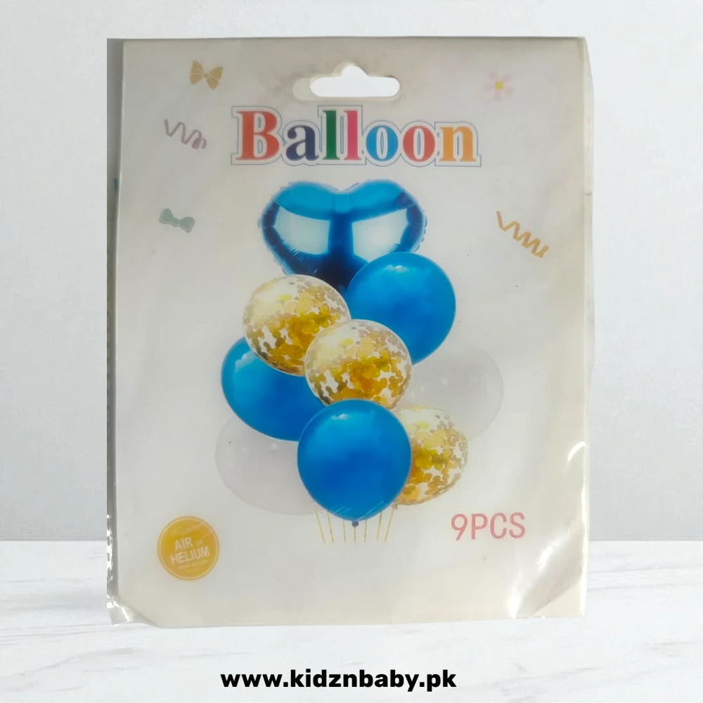 Royal blue and gold confetti party balloons set (9 Pcs) featuring foil heart shapes